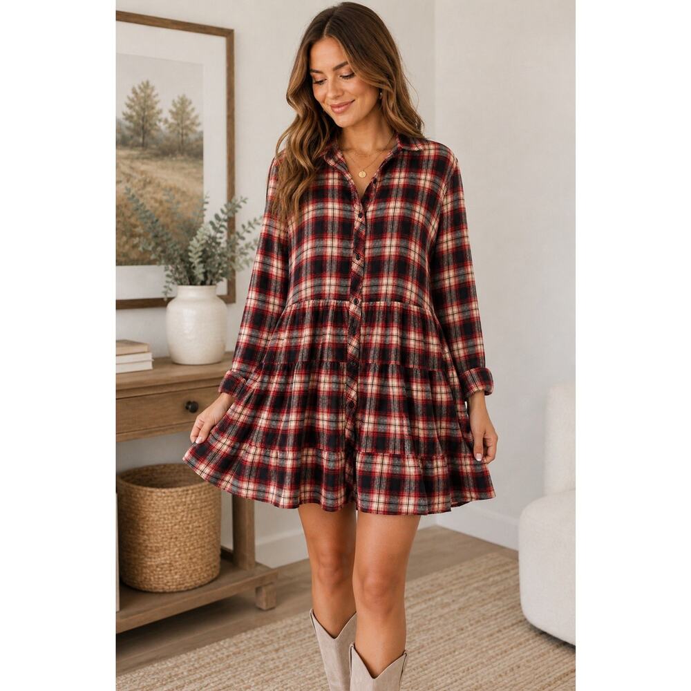 Violet Skies Plaid Babydoll Dress Large Red Black Flannel Tiered Boho